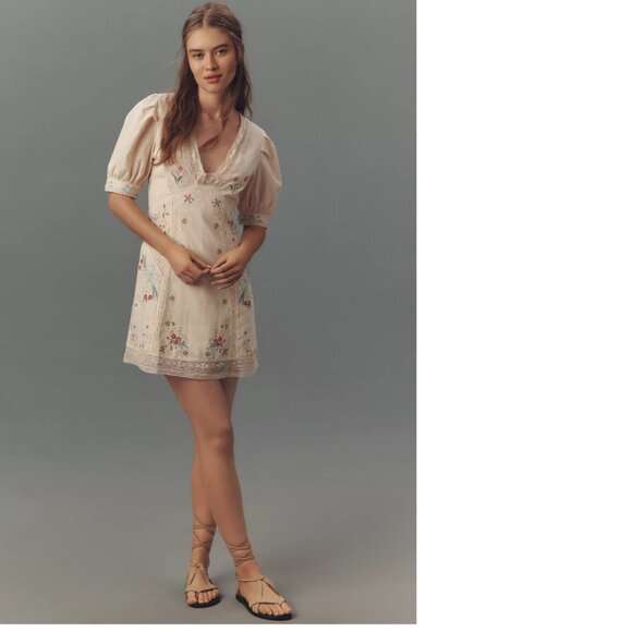 By Anthropologie Linen Blend Puff-Sleeve V-Neck Mini Dress 14 new nwt - Picture 7 of 7